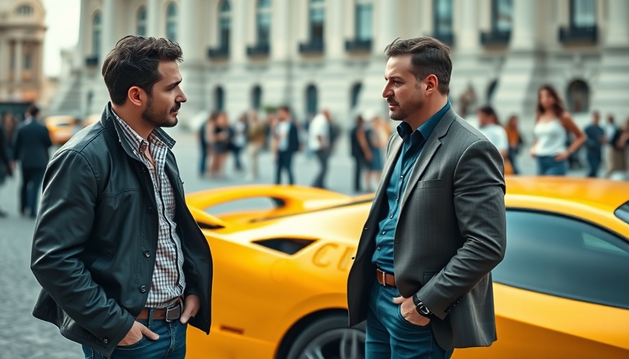 Casual interaction near a Ferrari with group and building in background