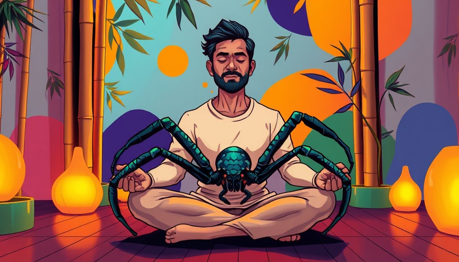 Coexist with fear: Man meditating with spider in colorful bamboo room.