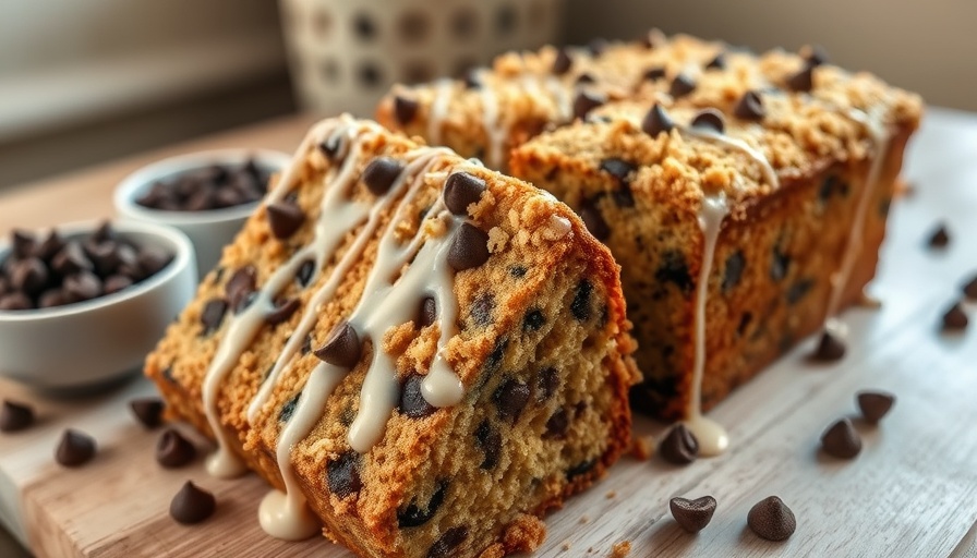 Espresso yogurt chocolate chip coffee cake sliced and topped with icing.