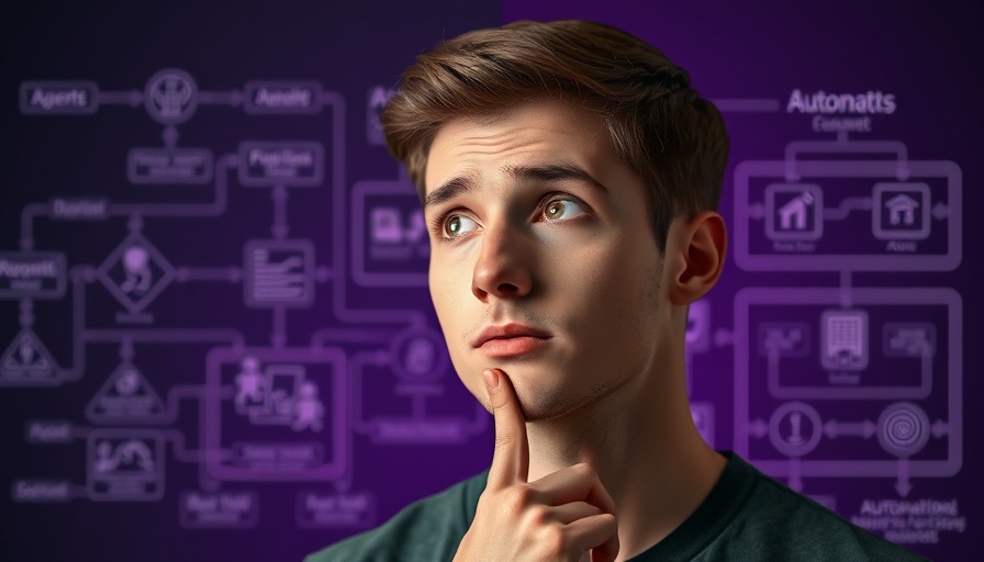 Young man thinking about AI agents and automations with flowcharts in background.