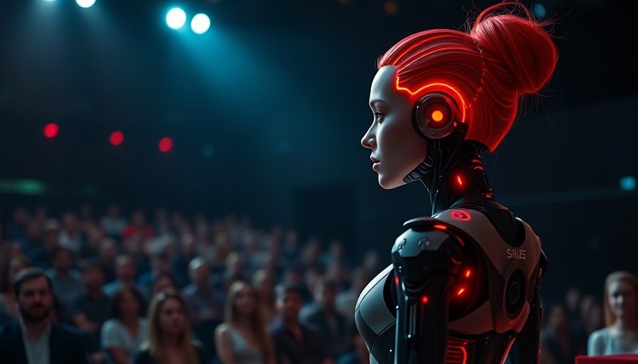 Futuristic android presenting ProActor's AI Assistant on stage.
