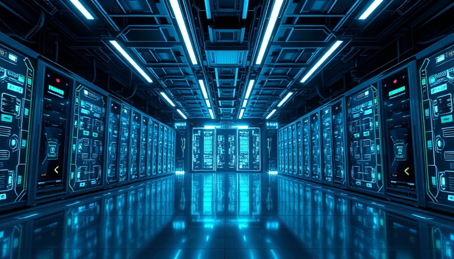 Futuristic server room illustrating AI energy use with neon lights.