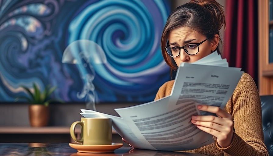 Worried woman handling bills, navigating financial challenges, colorful setting.
