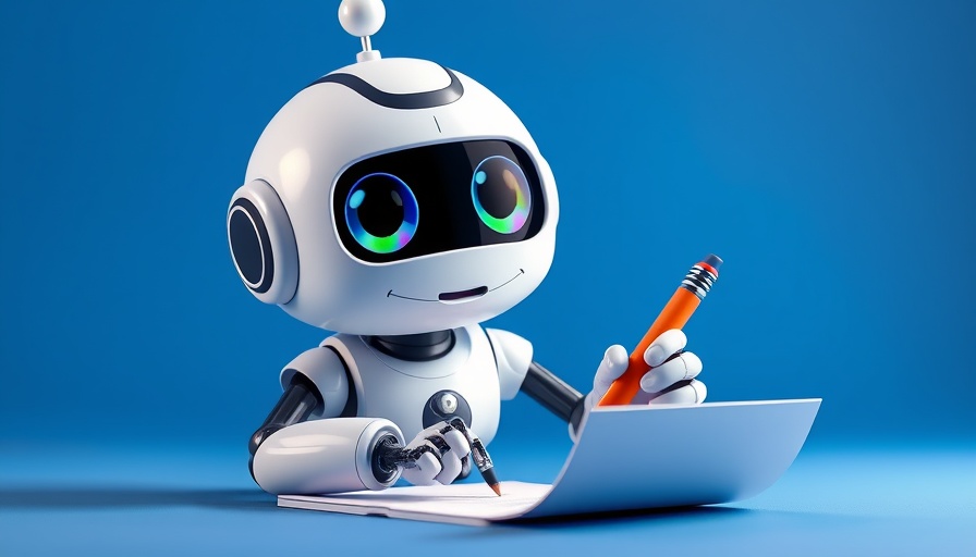 Cute AI robot writing in 3D Pixar style for Google Learn About AI Research Assistant.