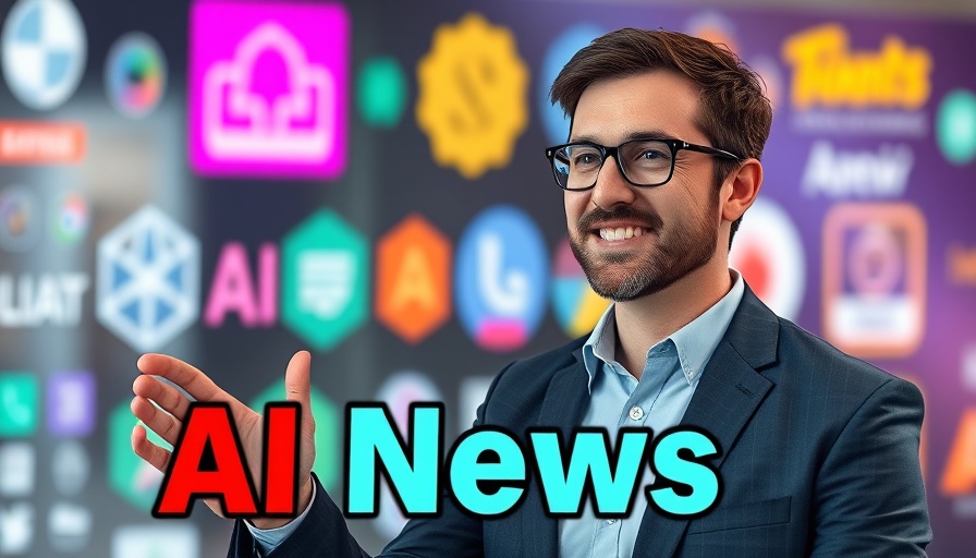 Confident man presenting exciting Midjourney Video AI news, vibrant logos.