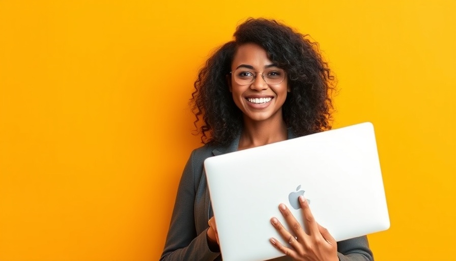 Confident young woman smiling while holding a laptop on an orange background.