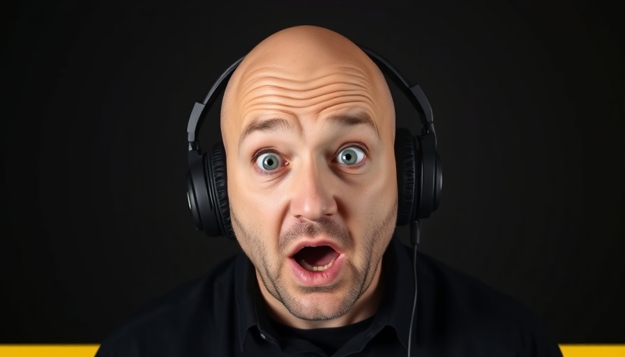 Man wearing headphones with surprised expression, dark background.