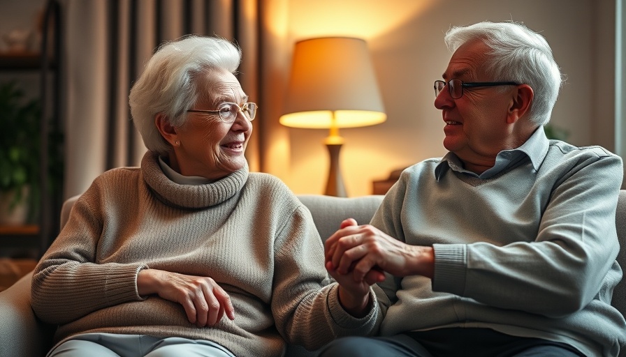 Elderly couple holding hands, connecting with fellow caregivers, in a cozy room.