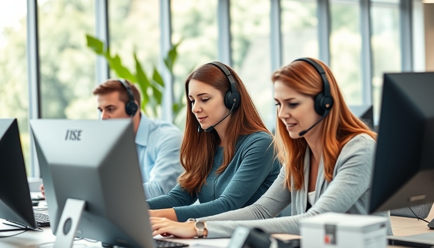Customer service professionals using AI in a bright workspace.