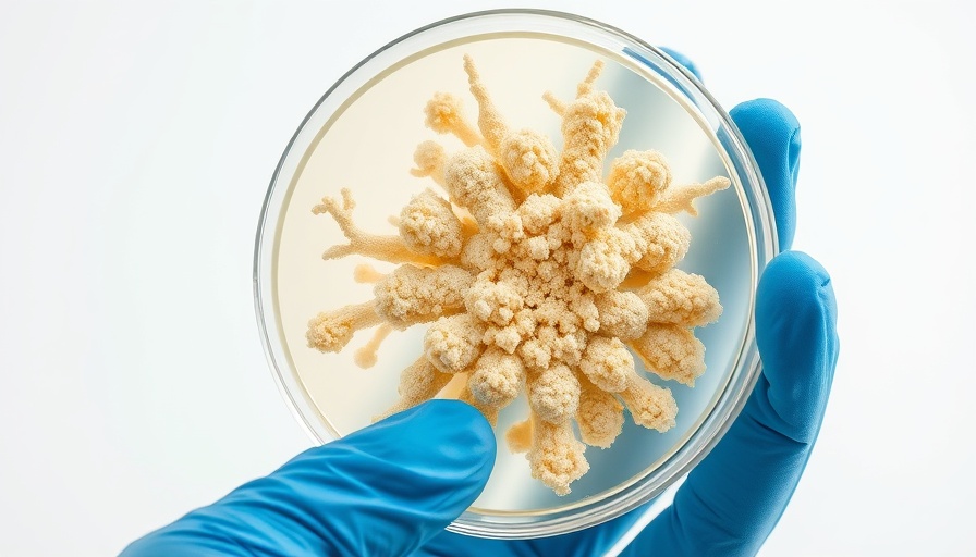 Petri dish with Aspergillus flavus held by gloved hand for cancer cure research.