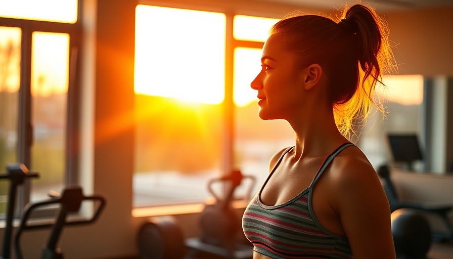 Finding joy in the ordinary: young woman in gym with sunrise view.