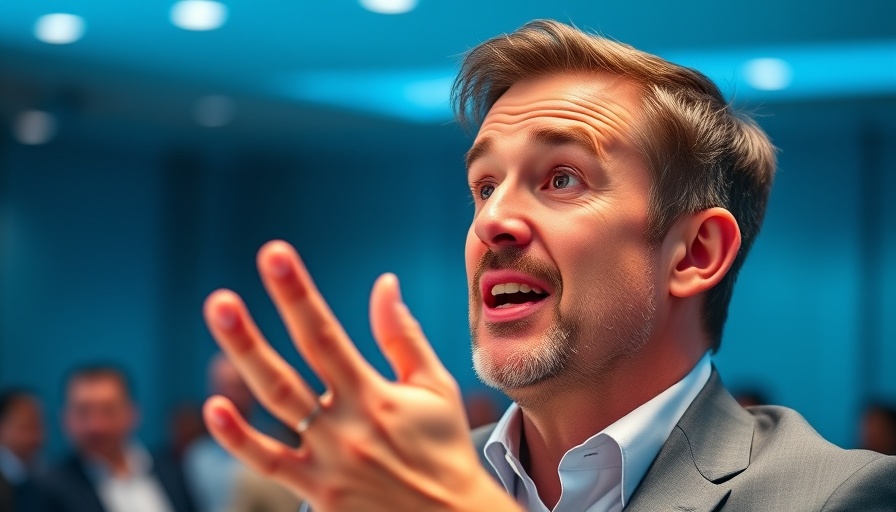 Male executive speaking passionately at conference, OpenAI context.