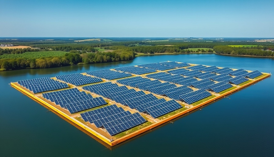Aerial view of European floating solar power plant on water.