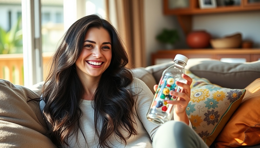 Smiling woman on couch with water bottle promoting daily habits for hormonal balance.