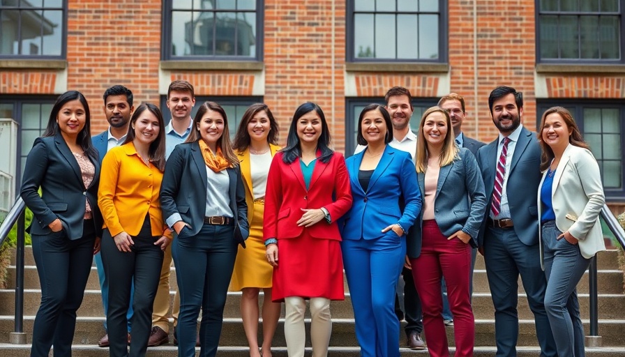 Group of professionals smiling on steps, brick building backdrop, Voice AI Solutions.