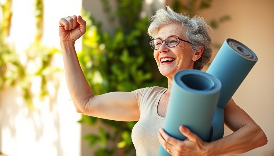 Joyful woman flexing arm outdoors, PGE2 rejuvenates muscle stem cells effect.