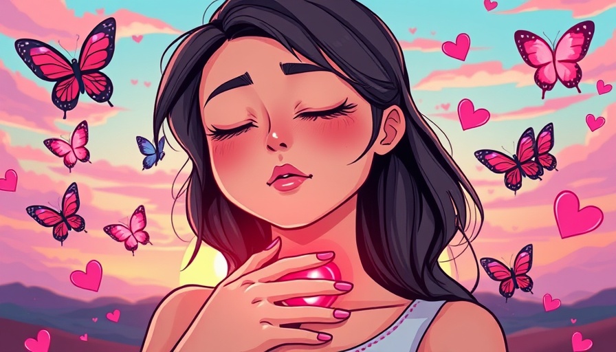 Expressive young woman amidst butterflies and hearts, symbolizing self-worth in heartbreak.