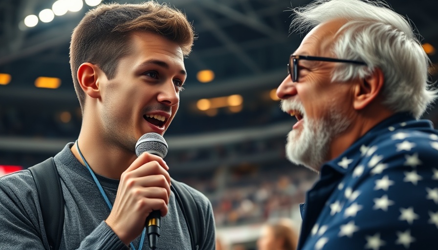 Young man and older man with flag in sports arena, interview scene.