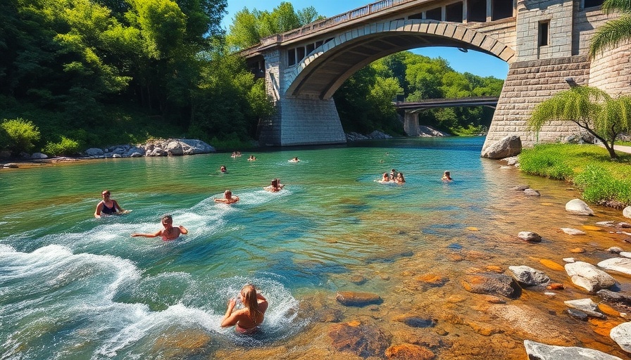 River under bridge in Alabama with people swimming, reflecting water standards.