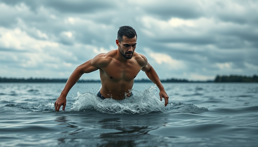 Athlete emerging from water during endurance event, cloudy lake backdrop.