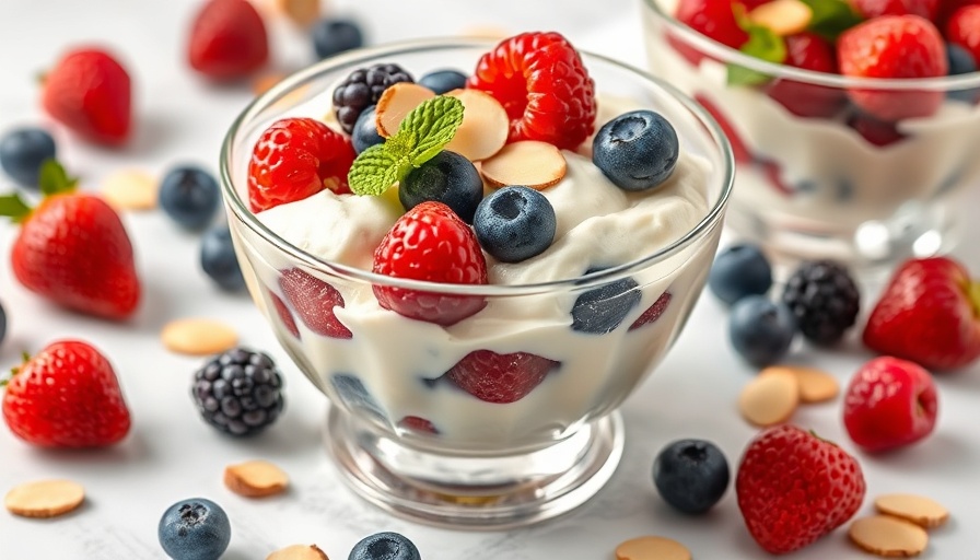 Ricotta dessert in glass with berries and almonds, elegant display.