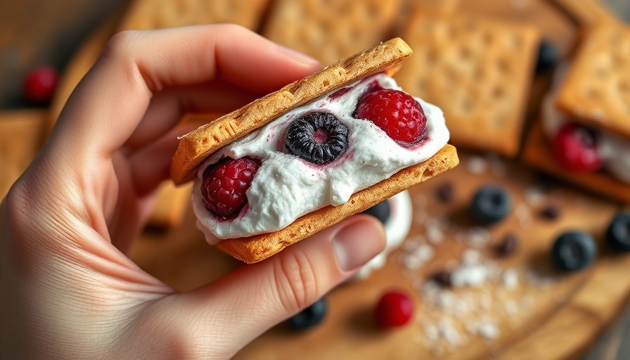 Frozen Protein S’mores held over a table with berries and graham crackers.