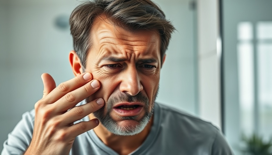 Worried man examines swollen cheek to treat a periodontal abscess.