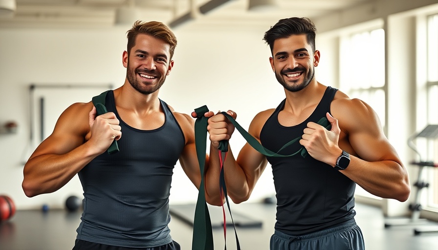 Two people performing 20 minute full body resistance band workout, smiling confidently in a gym.