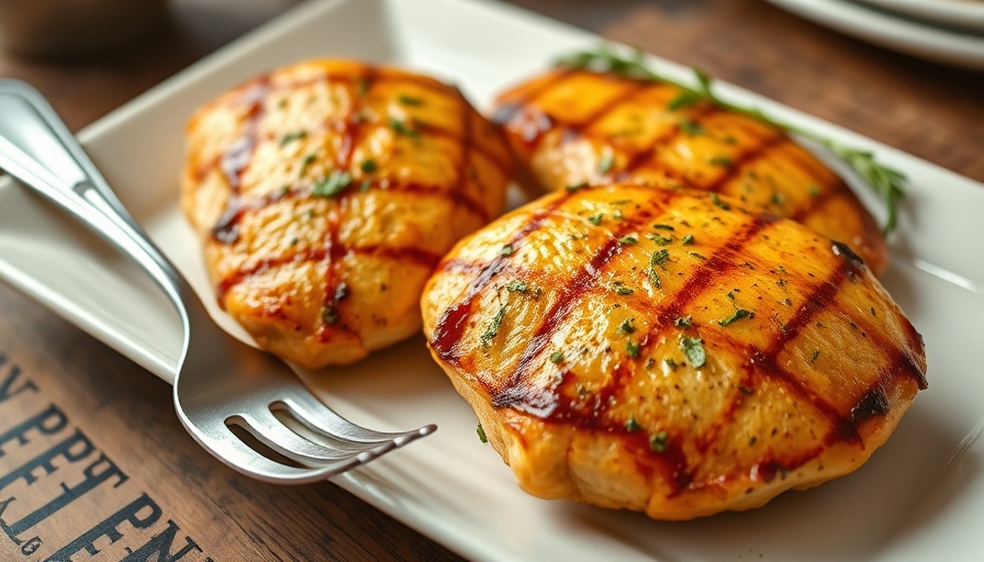 Grilled Tarragon Mustard Chicken on white plate with serving fork.