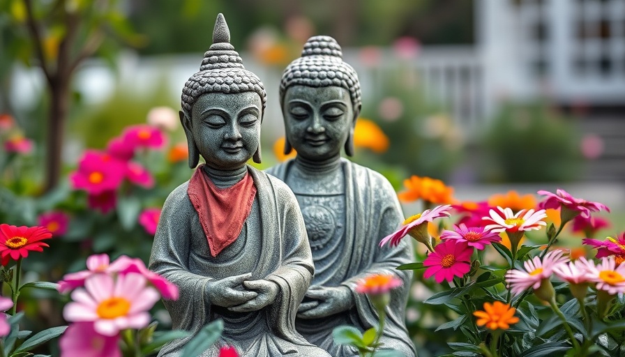 Weathered Buddhist statue with flowers, serene garden setting.