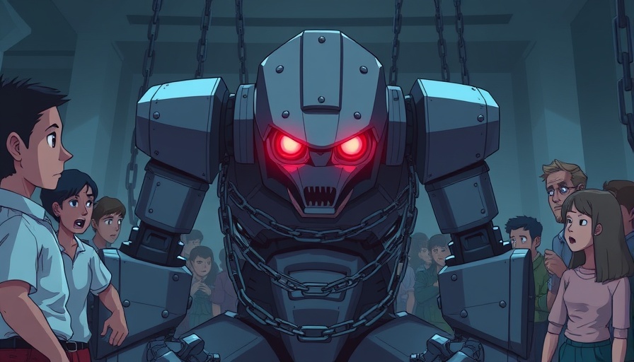 Cartoon of controlling superintelligent AI with chained robot and worried people.