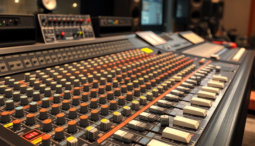 Professional audio mixing console in a studio, representing AI in music industry.