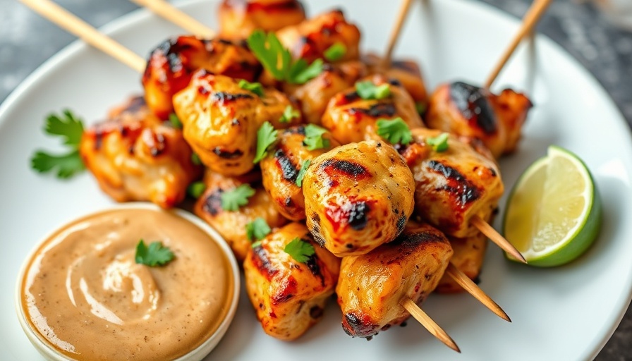 Healthy chicken satay recipe with herbs and dipping sauce.