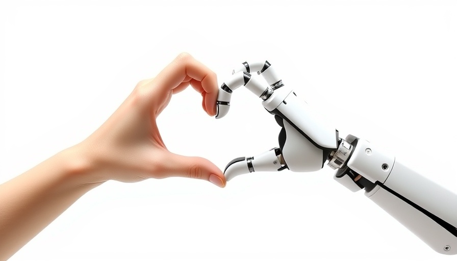 AI emotional support represented by human and robot hands in heart shape.