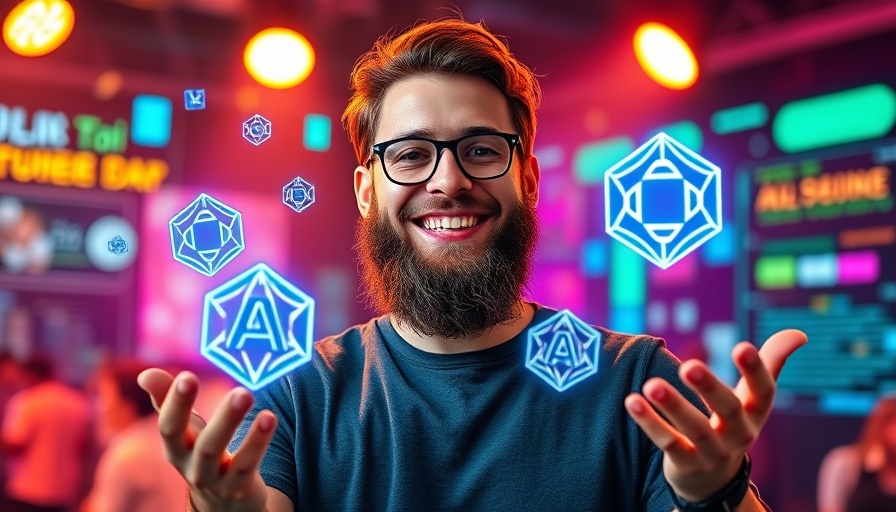 Man presenting latest AI news updates with glowing icons.