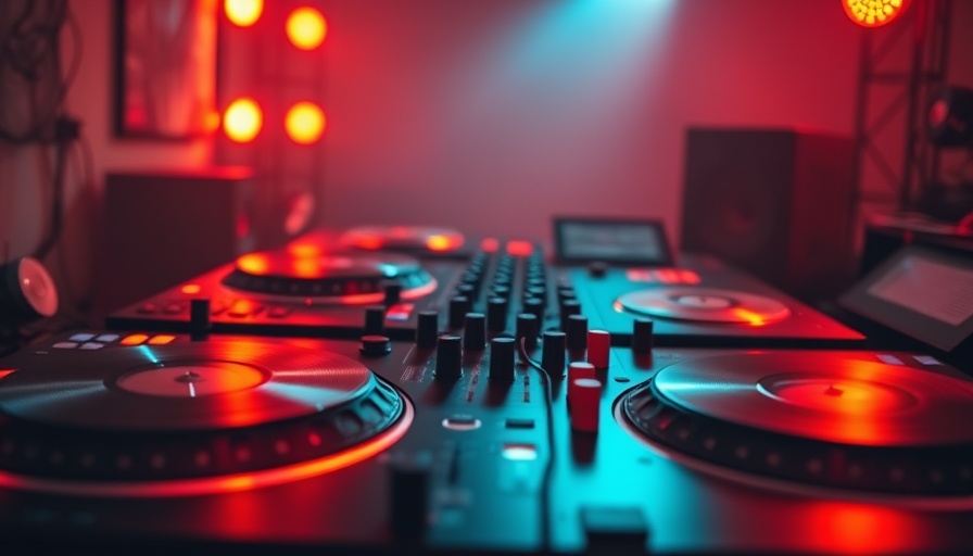 Turntables and audio equipment creating royalty-free background music with AI.