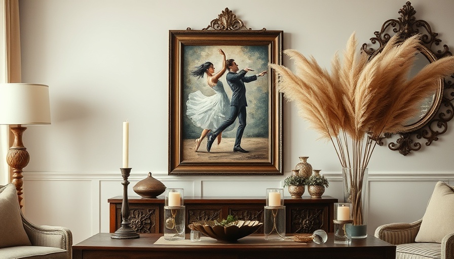Eclectic living room decor with a painting, vase, and candles.