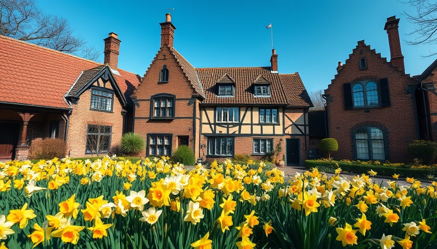 Historic European houses with daffodil garden, perfect travel destination.