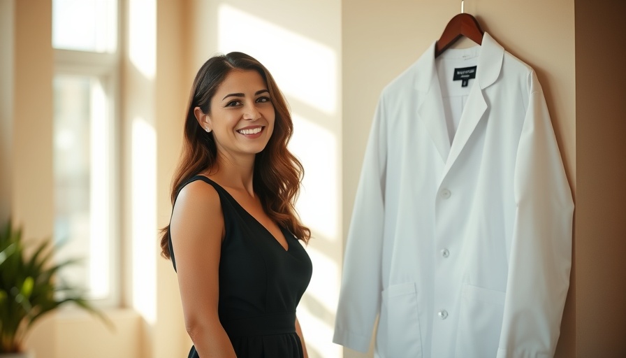 Woman smiling indoors next to lab coat.