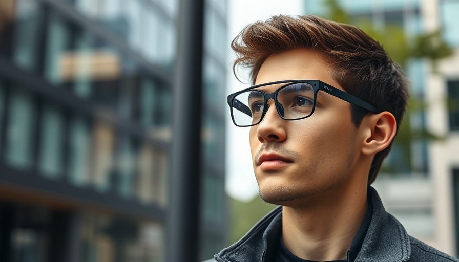 Young man wearing TranscribeGlass smart eyeglasses in urban setting