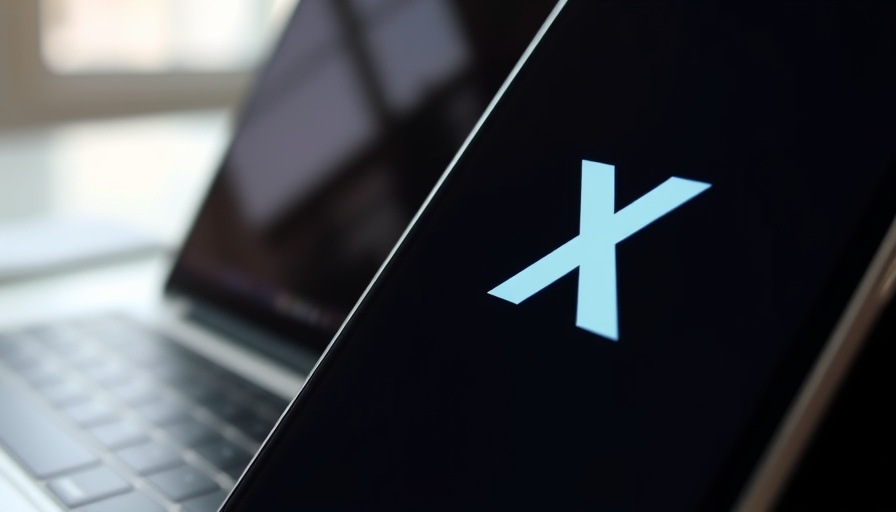 Close-up of smartphone showing X logo with blurred office background.