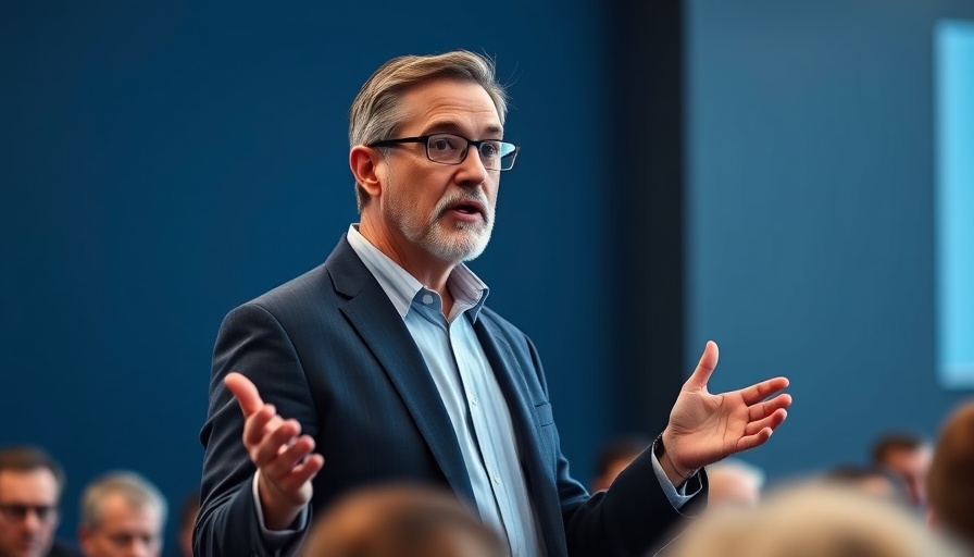 Middle-aged man speaking at conference, AI job impact discussion.