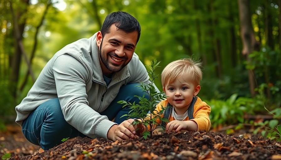 Father and child planting tree, bonding, parenting in uncertain times