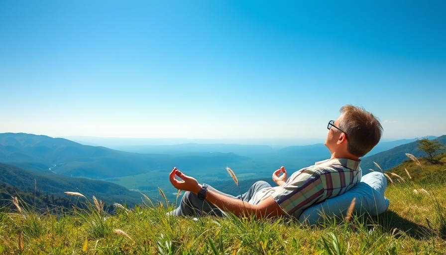 Relaxed person practicing mindfulness on a hillside with mountain view.