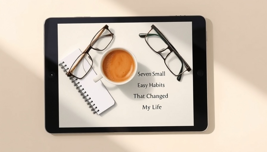 Tablet with book cover beside coffee cup and glasses.