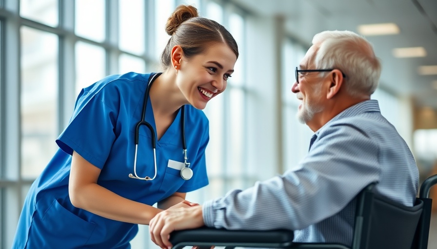 Friendly nurse assisting elderly man, highlighting AI voice assistant for aged care.