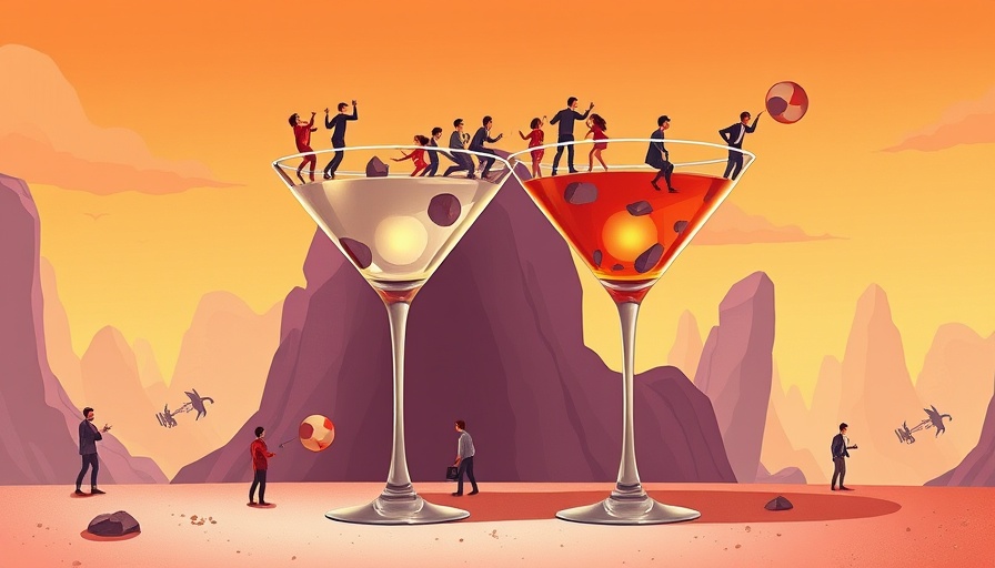 Illustration highlighting alcohol consumption risks in older adults with giant cocktails.