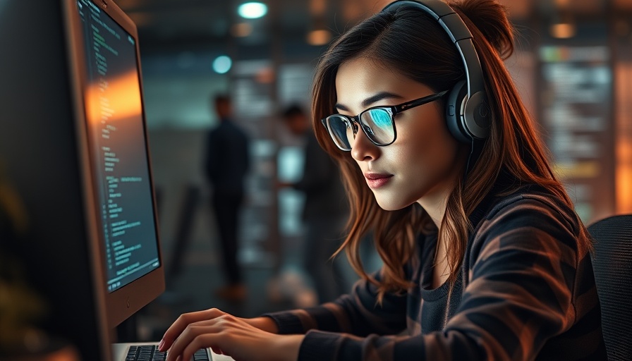 Female developer using AI coding tools in dimly lit workspace.
