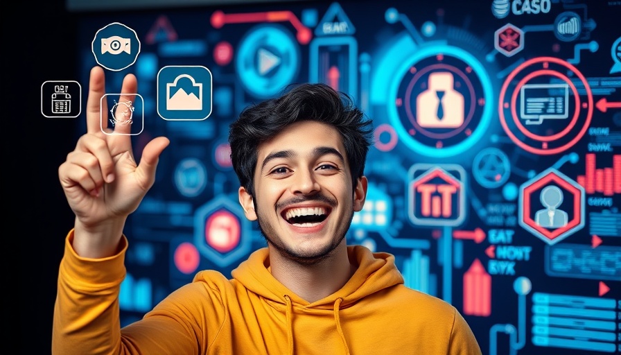 Smiling man with tech icons presenting Custom AI Applications for Education
