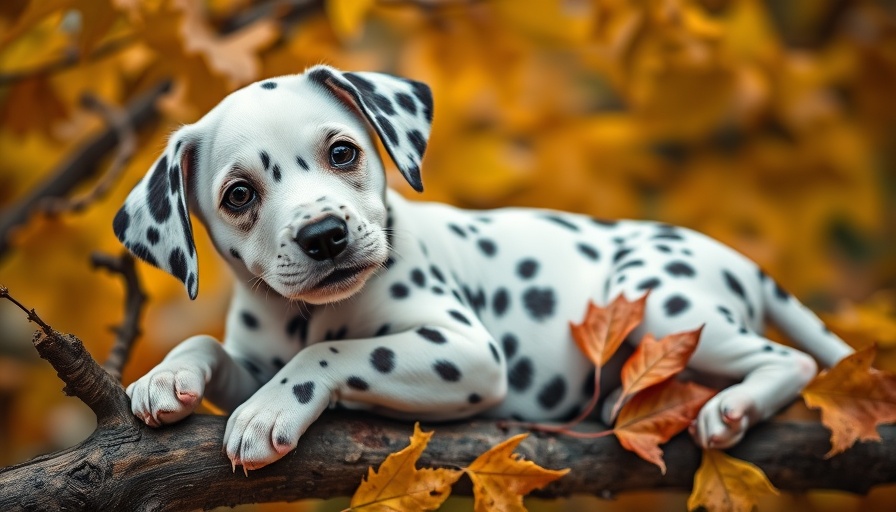 Dalmatian puppy amidst autumn leaves represents ready-to-use stem cell therapies for pets.